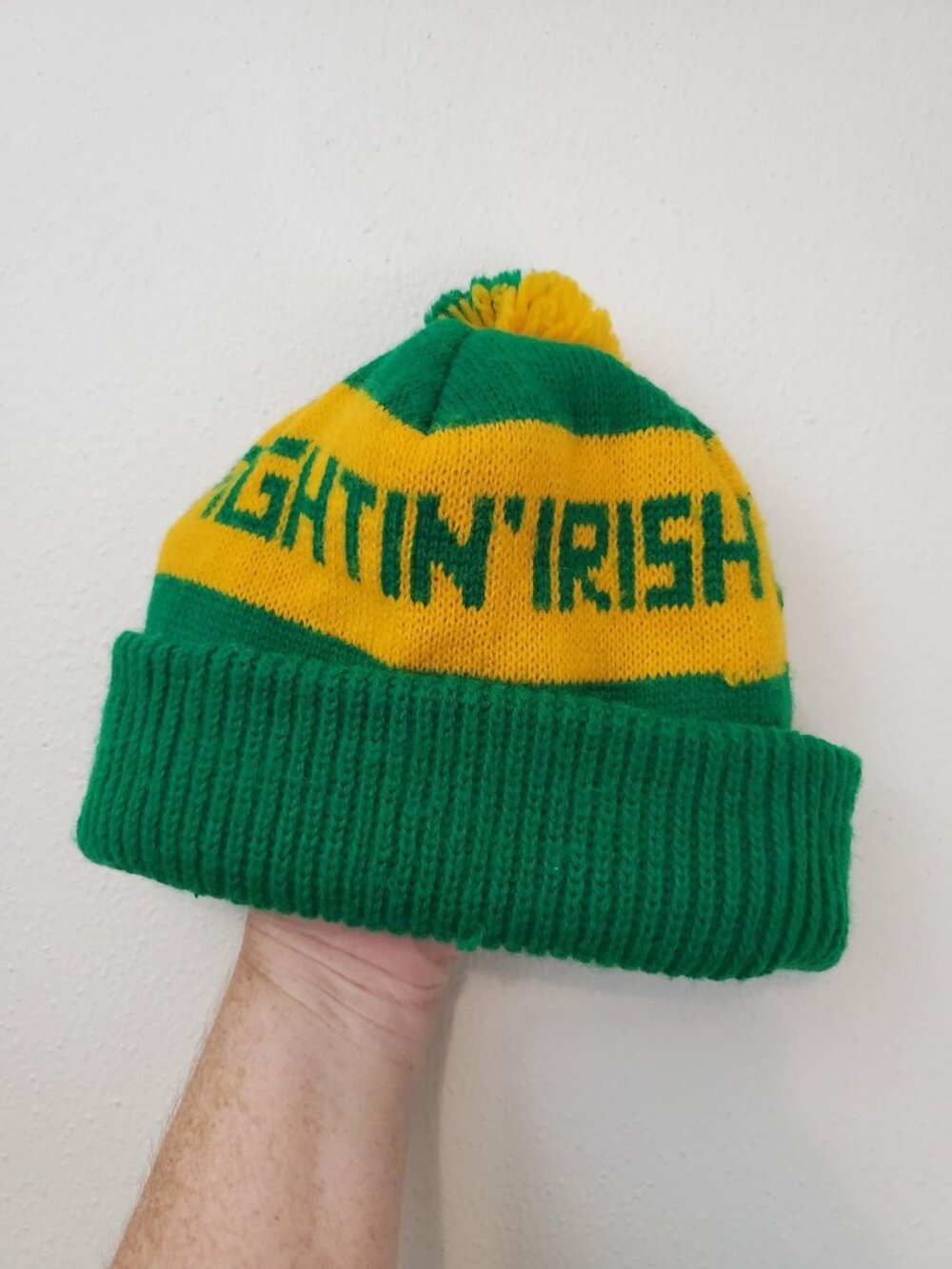 Notre Dame Fightin' Irish green and yellow pom beanie